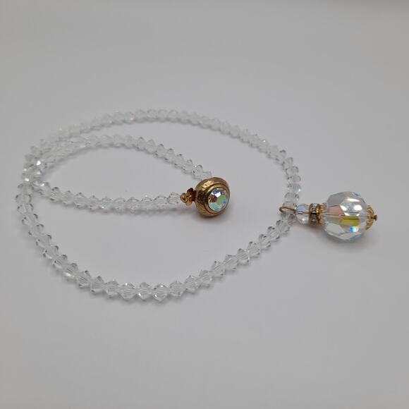 Vintage 1960s Crystal Faceted Pendant Necklace, AB Rhinestone Box Clasp, 17 Inch - Picture 7 of 11